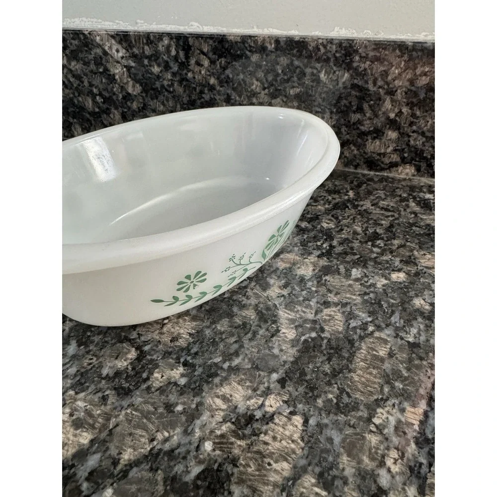 Vintage Glassbake 1 qt. Milk Glass Baking Dish with Green Flower Design‎ Country